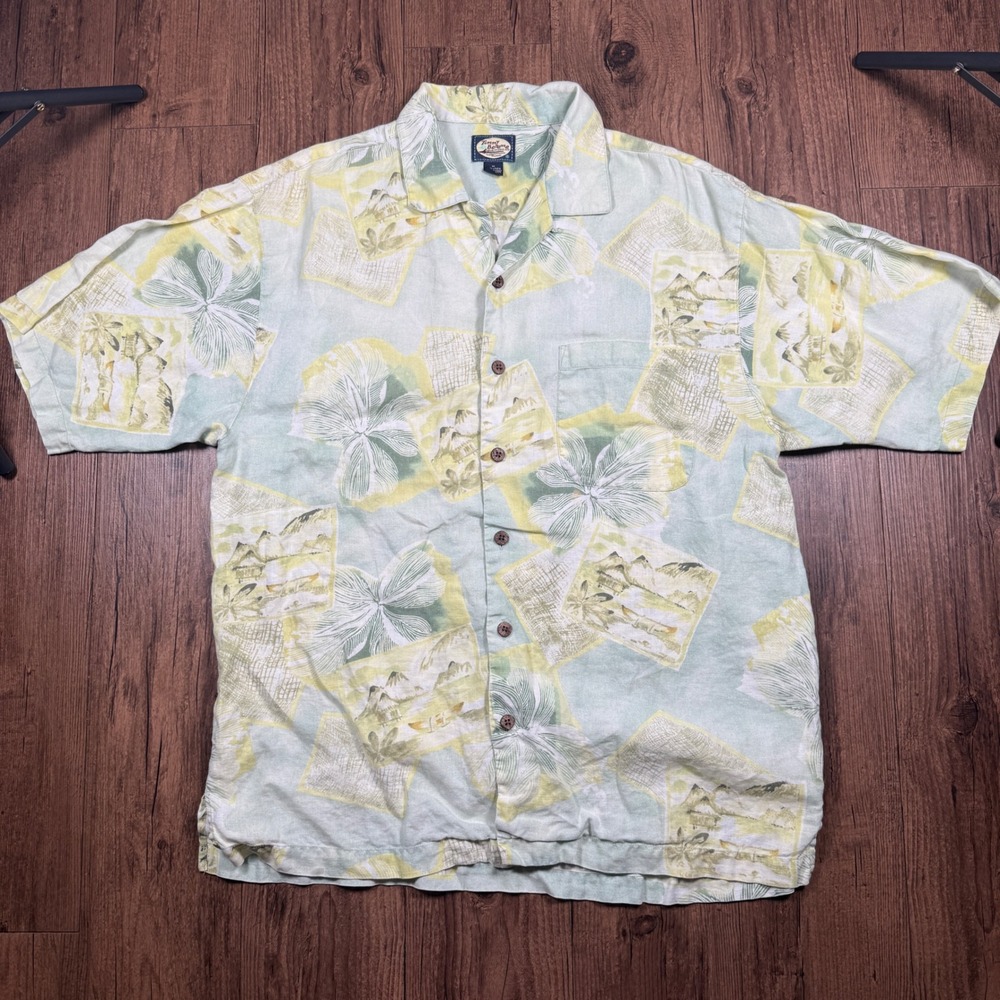 Tommy Bahama Linen Camp Shirt Mens M Green Yellow Tropical Island Loop Collar - Picture 2 of 8
